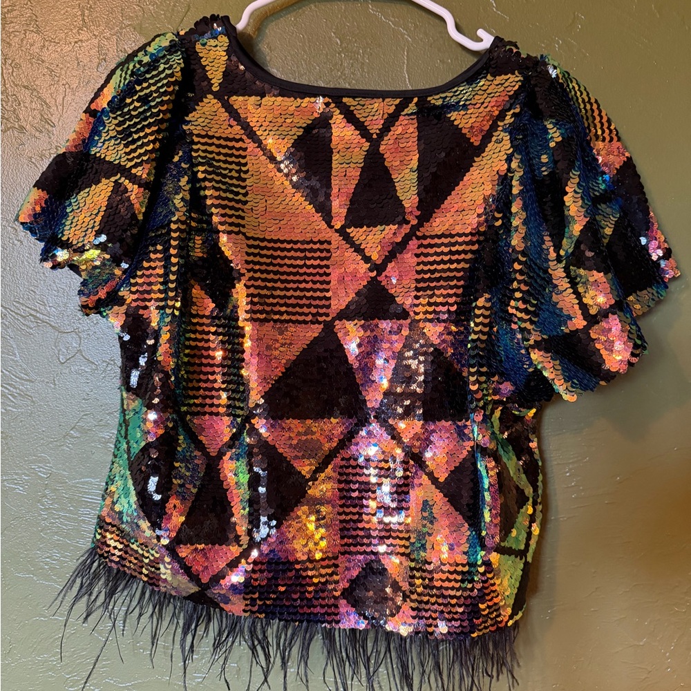 NWT Eva Franco Arlen Sequin Feather Trim Top Medium